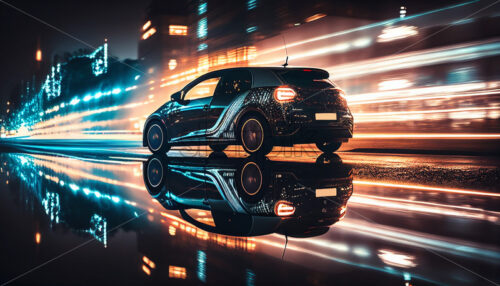 Generative AI an electric car driving on a wet street with light reflections on it - Starpik Stock