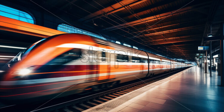 Generative AI an electric train going at high speed, photo created with long exposure time - Starpik Stock