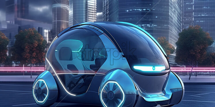 Generative AI autonomous futuristic car with gigantic buildings in the background - Starpik Stock