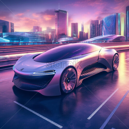 Generative AI autonomous futuristic supercar with impressive architectural buildings in the background - Starpik Stock