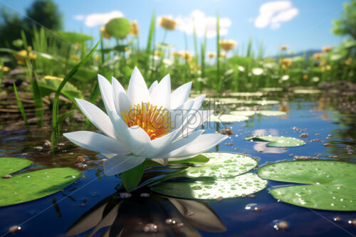 Generative AI beautiful water lily flowers that are on a lake - Starpik Stock