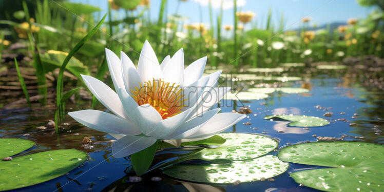 Generative AI beautiful water lily flowers that are on a lake - Starpik Stock