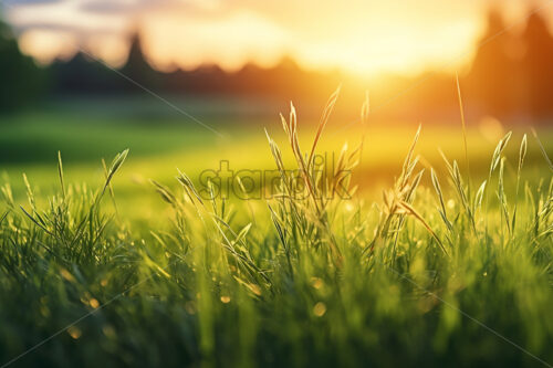 Generative AI blades of grass on a plain, close-up photo - Starpik Stock