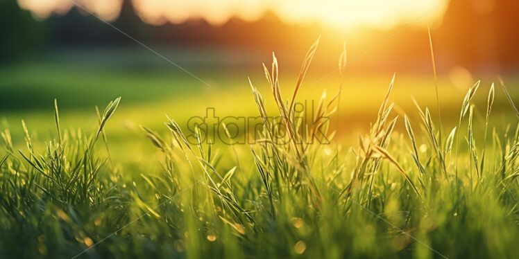 Generative AI blades of grass on a plain, close-up photo - Starpik Stock