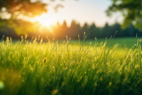 Generative AI blades of grass on a plain, close-up photo - Starpik Stock