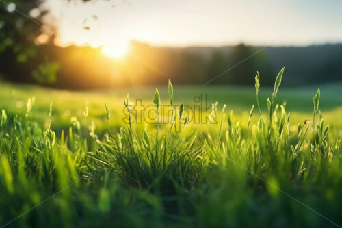 Generative AI blades of grass on a plain, close-up photo - Starpik Stock