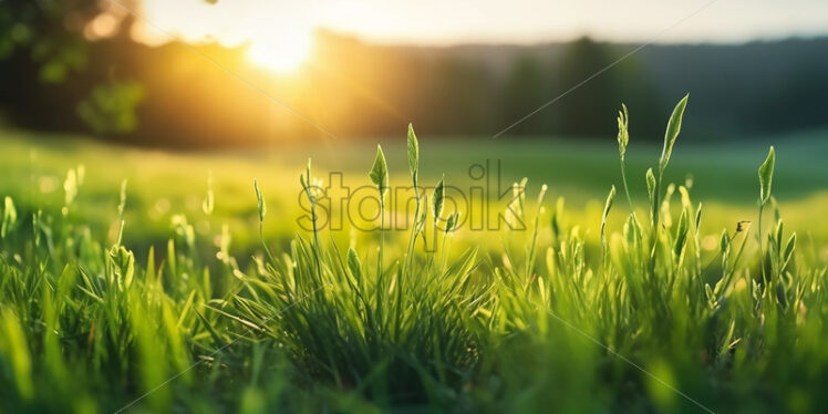 Generative AI blades of grass on a plain, close-up photo - Starpik Stock