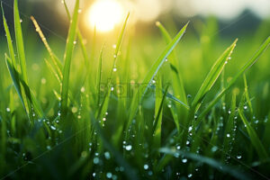 Generative AI blades of grass on which there is dew close up - Starpik Stock