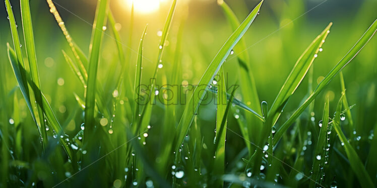 Generative AI blades of grass on which there is dew close up - Starpik Stock