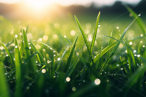 Generative AI blades of grass on which there is dew close up - Starpik Stock