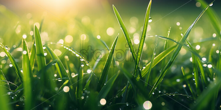 Generative AI blades of grass on which there is dew close up - Starpik Stock