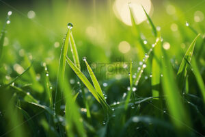 Generative AI blades of grass on which there is dew close up - Starpik Stock