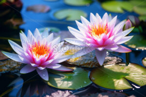 Generative AI blooming water lilies on a nearby lake - Starpik Stock