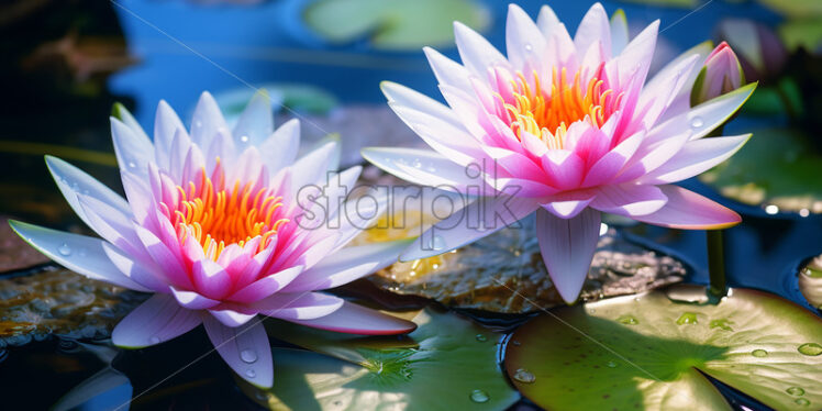 Generative AI blooming water lilies on a nearby lake - Starpik Stock