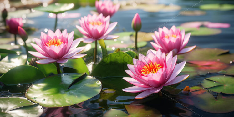 Generative AI blooming water lilies on a nearby lake - Starpik Stock