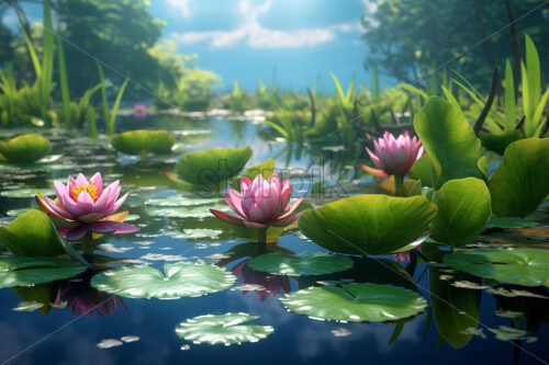 Generative AI blooming water lilies on a nearby lake - Starpik Stock