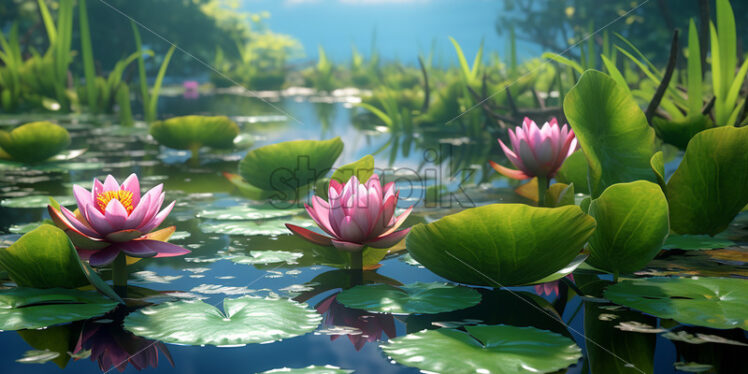 Generative AI blooming water lilies on a nearby lake - Starpik Stock