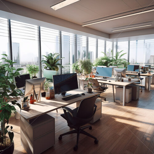 Generative AI business office with many jobs, many plants and computers and also with a view of the city - Starpik Stock