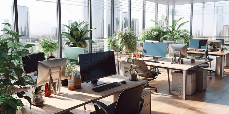Generative AI business office with many jobs, many plants and computers and also with a view of the city - Starpik Stock