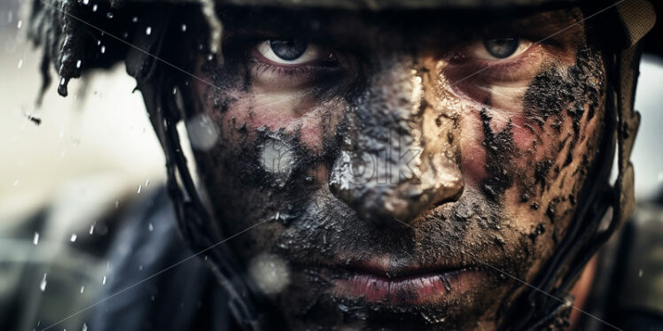 Generative AI close-up portrait of a soldier with a dirty face during a battle - Starpik Stock