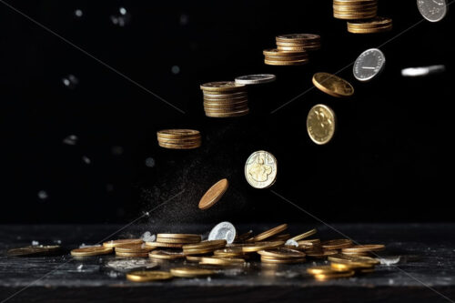 Generative AI dozens of coins falling on a surface on a black background - Starpik Stock