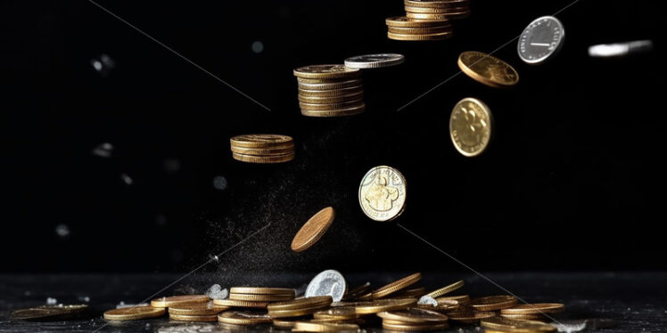 Generative AI dozens of coins falling on a surface on a black background - Starpik Stock
