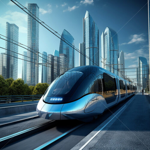 Generative AI  electric high speed train that has some amazing buildings in the background - Starpik Stock