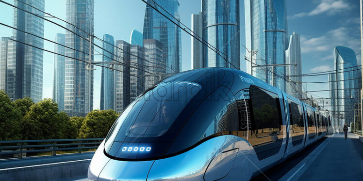 Generative AI  electric high speed train that has some amazing buildings in the background - Starpik Stock