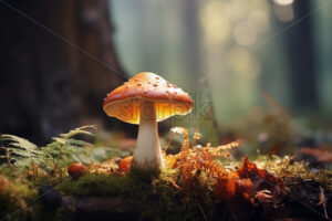 Generative AI forest mushrooms that grow near a tree - Starpik Stock