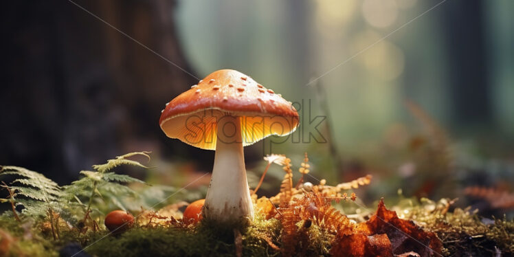 Generative AI forest mushrooms that grow near a tree - Starpik Stock