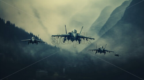 Generative AI four fighter planes in flight over some mountains - Starpik Stock