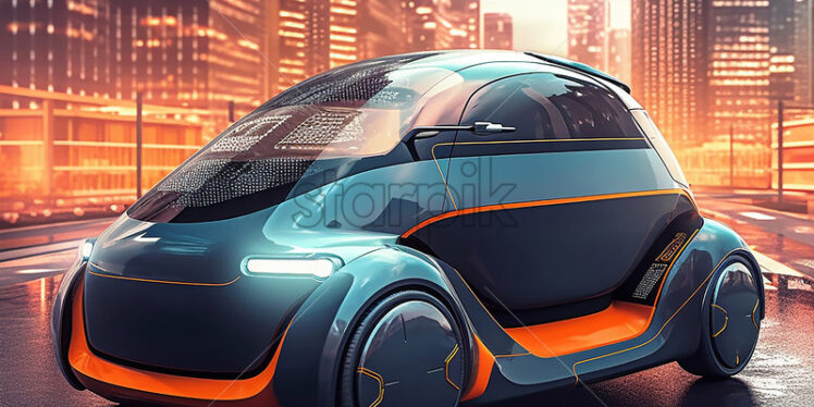 Generative AI futuristic mini car that is on the background of some buildings - Starpik Stock