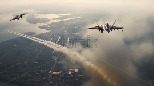 Generative AI military fighter jets patrol the air and launch missiles - Starpik Stock