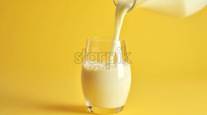 Generative AI milk is poured from a larger jug ​​into a glass on a yellow background - Starpik Stock