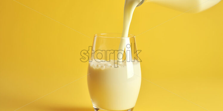 Generative AI milk is poured from a larger jug ​​into a glass on a yellow background - Starpik Stock