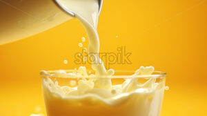 Generative AI milk is poured from a larger jug ​​into a glass on a yellow background - Starpik Stock