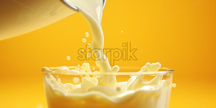 Generative AI milk is poured from a larger jug ​​into a glass on a yellow background - Starpik Stock