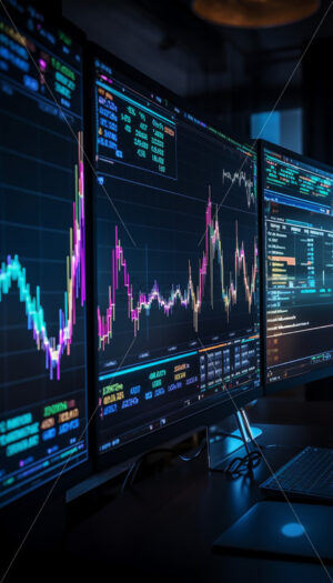 Generative AI monitors in the office on which forex tables are broadcast - Starpik Stock