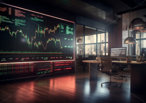 Generative AI monitors in the office on which forex tables are broadcast - Starpik Stock