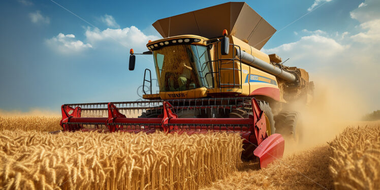 Generative AI on a field of wheat a combine harvests the fruit - Starpik Stock