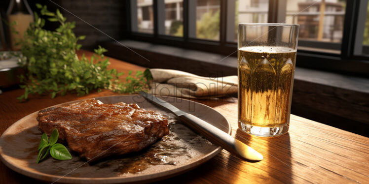 Generative AI on a plate a piece of cooked meat and a glass of beer - Starpik Stock