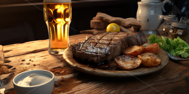 Generative AI on a plate a piece of cooked meat and a glass of beer - Starpik Stock