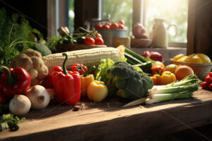 Generative AI on a table there are many types of fresh vegetables - Starpik Stock