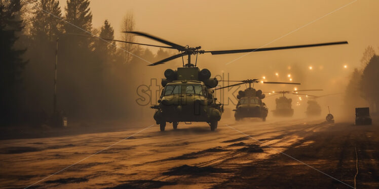 Generative AI several helicopters on an airstrip - Starpik Stock