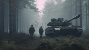 Generative AI soldiers and a tank on the background of a forest - Starpik Stock
