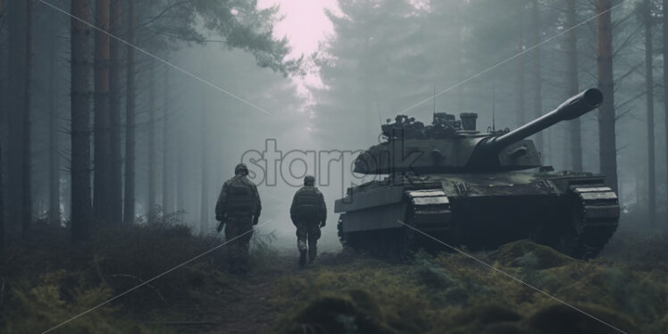 Generative AI soldiers and a tank on the background of a forest - Starpik Stock