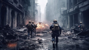 Generative AI soldiers walking down the street of a city in ruins - Starpik Stock