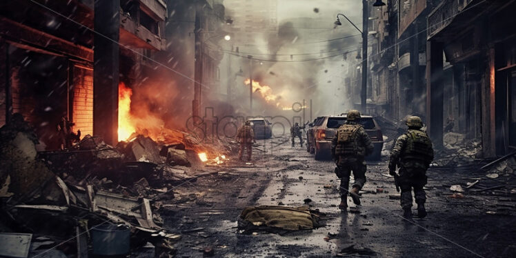 Generative AI soldiers walking down the street of a city in ruins - Starpik Stock