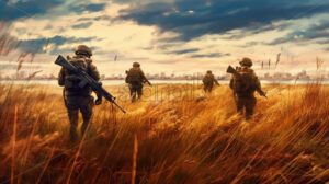 Generative AI soldiers walking through a field of wheat towards a city - Starpik Stock