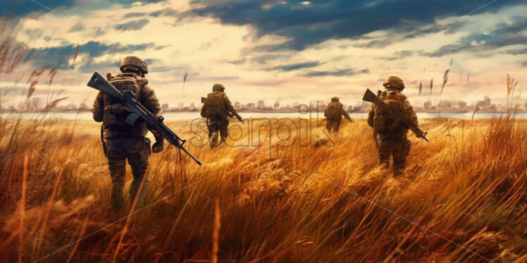 Generative AI soldiers walking through a field of wheat towards a city - Starpik Stock